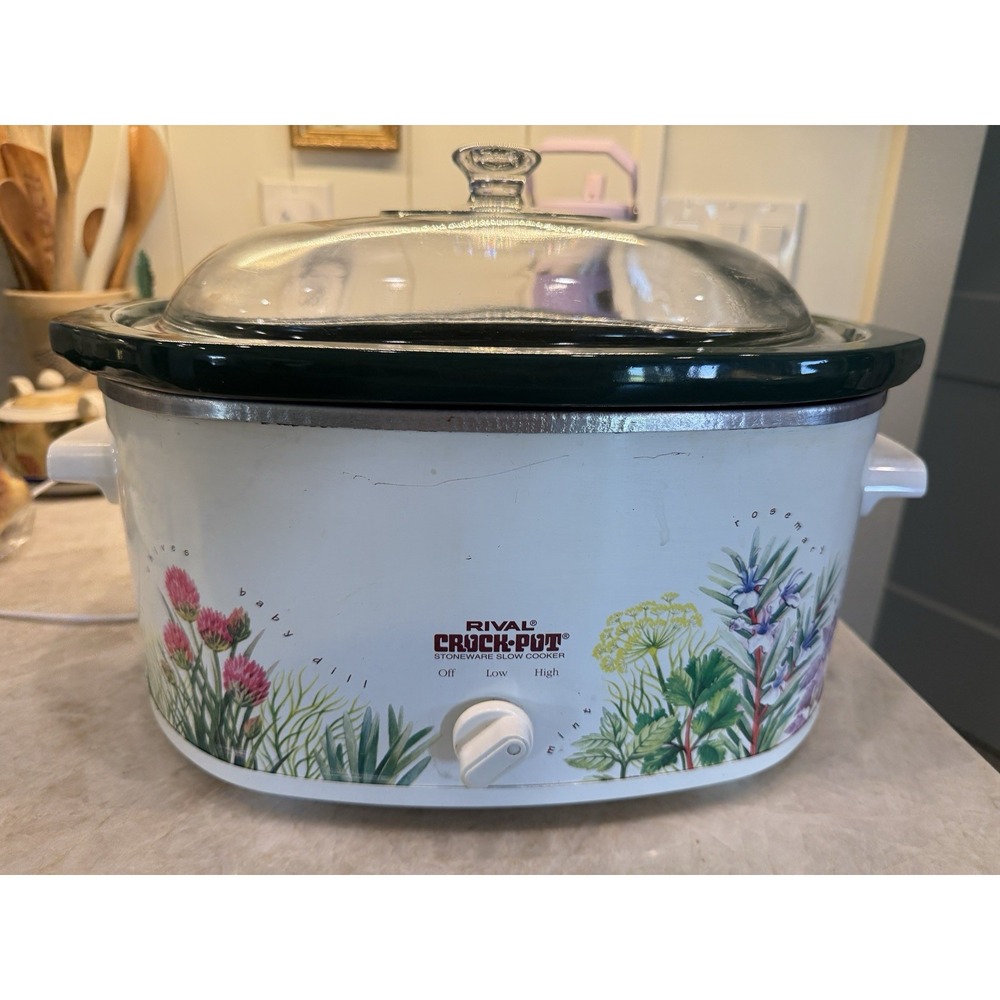 VTG Rival Crock-Pot Slow Cooker # 3755 5.5 Qt. Green Stoneware Herb Garden Read.